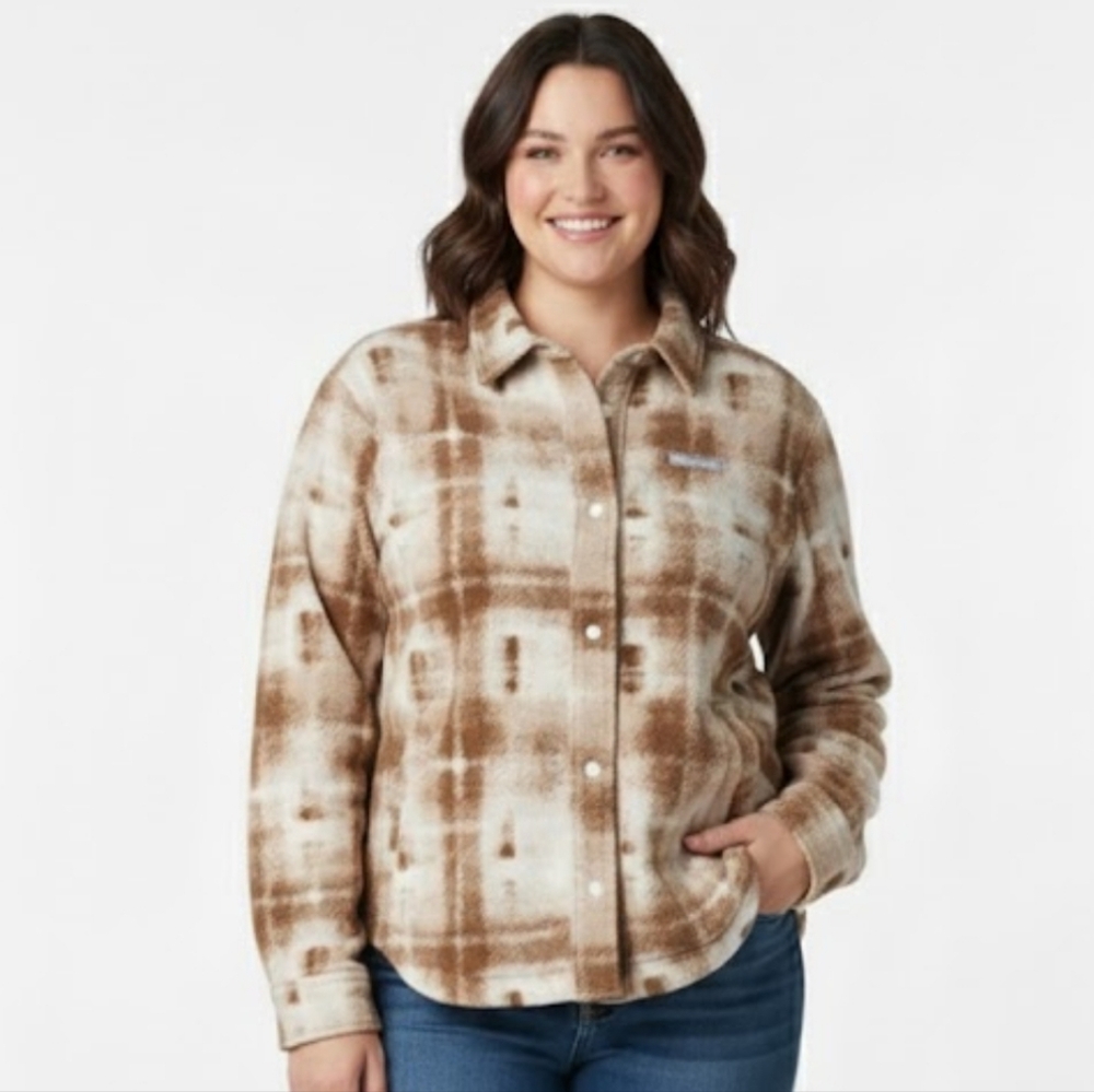 COLUMBIA Benton Springs Women's Fleece Shirt Jacket Brown‎ Beige Medium NWT Cozy